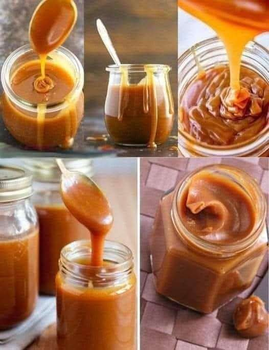 Caramel beurre salé coulant dans un pot en verre, avec une cuillère en bois nappée de caramel.