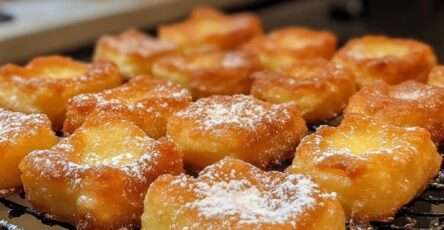 Beignets aux pommes dorés et saupoudrés de sucre glace, servis sur une assiette rustique.