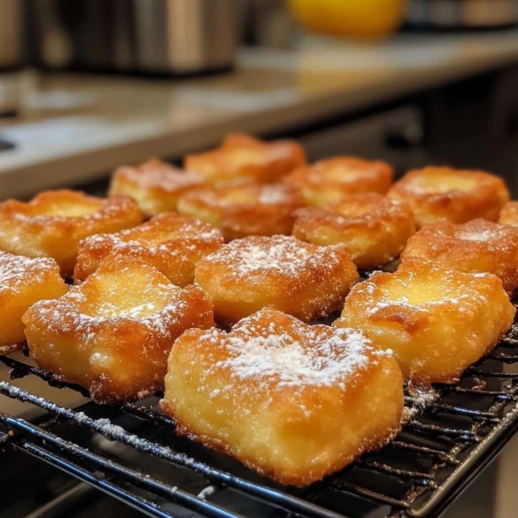 Beignets aux pommes dorés et saupoudrés de sucre glace, servis sur une assiette rustique.