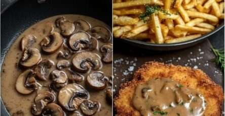 Escalope viennoise dorée servie avec une sauce crémeuse aux champignons et des frites dorées.