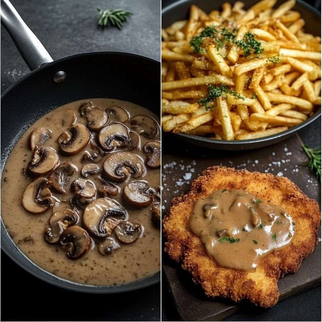 Escalope viennoise dorée servie avec une sauce crémeuse aux champignons et des frites dorées.