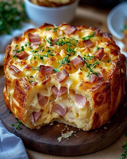 Croque-cake gourmand au jambon et fromage, doré et gratiné, servi en tranches avec une salade verte.