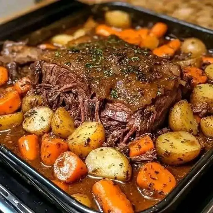 Rôti au pot servi dans une assiette, accompagné de carottes fondantes et de pommes de terre nappées de sauce.