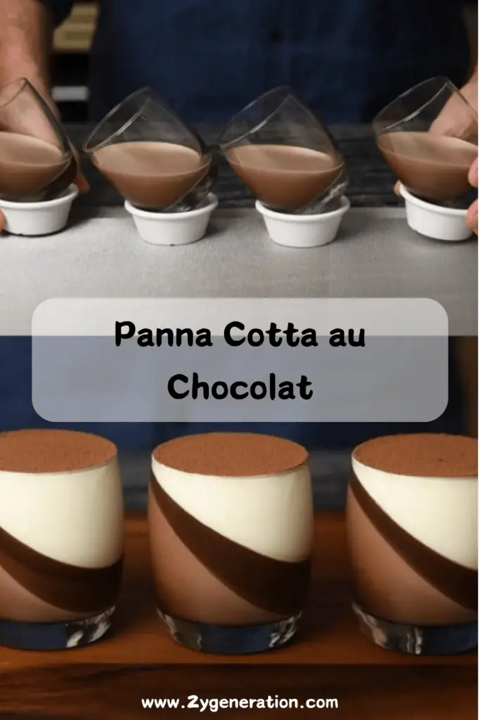 Panna cotta au chocolat onctueuse en trois couches – chocolat noir, chocolat au lait et crème vanillée – servie dans une verrine avec une touche de cacao en poudre.