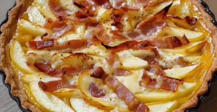 Tarte dorée au camembert fondant, avec lardons croustillants et pommes caramélisées, servie sur une planche en bois.