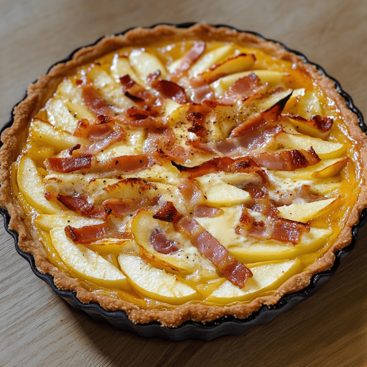 Tarte dorée au camembert fondant, avec lardons croustillants et pommes caramélisées, servie sur une planche en bois.