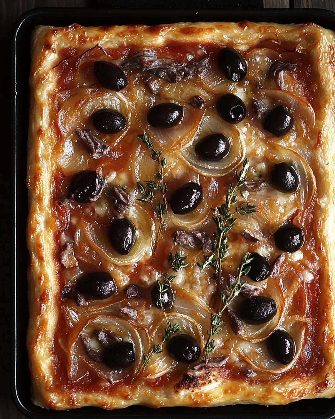 Photo d’une pissaladière dorée et croustillante, garnie d’anchois en croisillons et d’olives noires sur une pâte moelleuse.