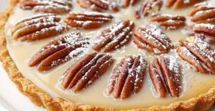 Tarte croquante vanille & pécan, présentée sur une assiette raffinée, garnie de ganache aérienne et de noix de pécan concassées.