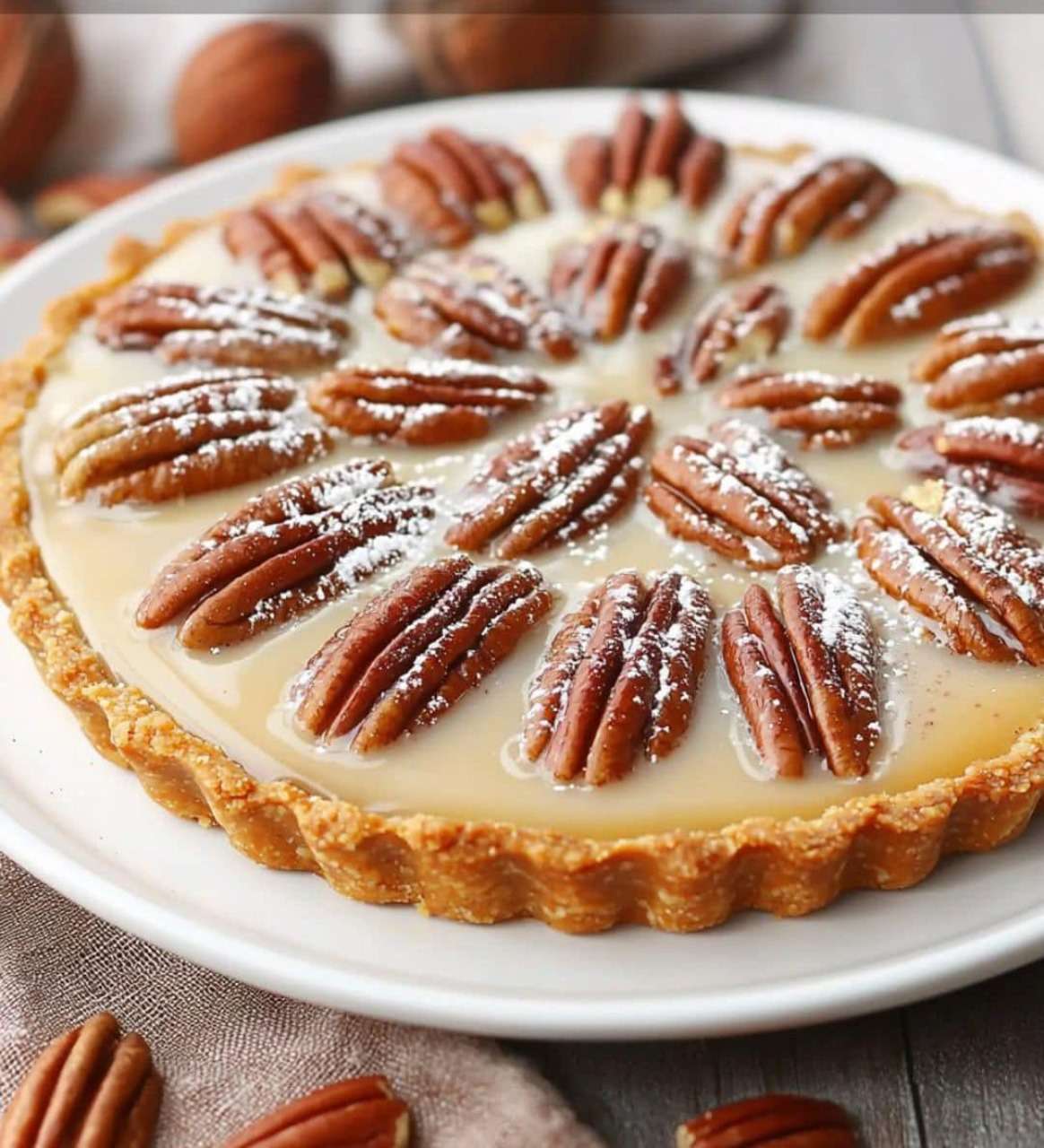 Tarte croquante vanille & pécan, présentée sur une assiette raffinée, garnie de ganache aérienne et de noix de pécan concassées.