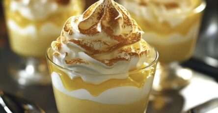 Verrine citron meringuée présentée en couches distinctes, avec une meringue légèrement dorée et des zestes de citron pour une finition élégante.