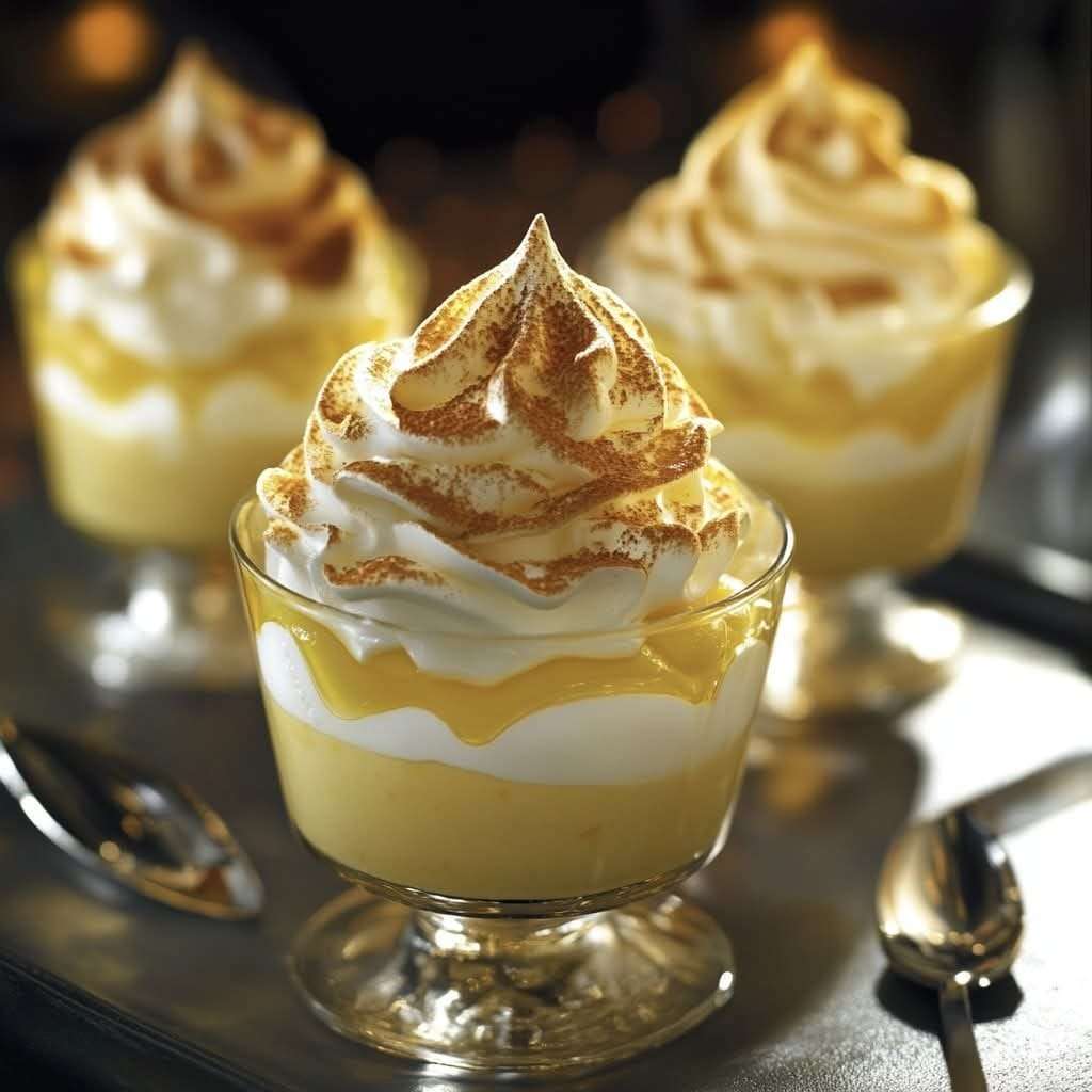 Verrine citron meringuée présentée en couches distinctes, avec une meringue légèrement dorée et des zestes de citron pour une finition élégante.
