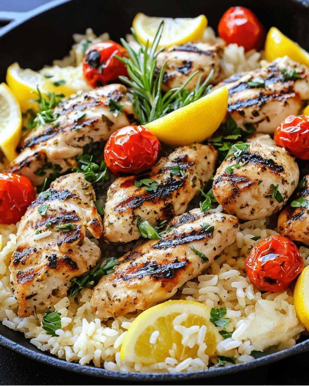 Poulet grillé doré accompagné d’un riz crémeux au citron, garni de feta émiettée et de persil frais, servi dans une assiette élégante.