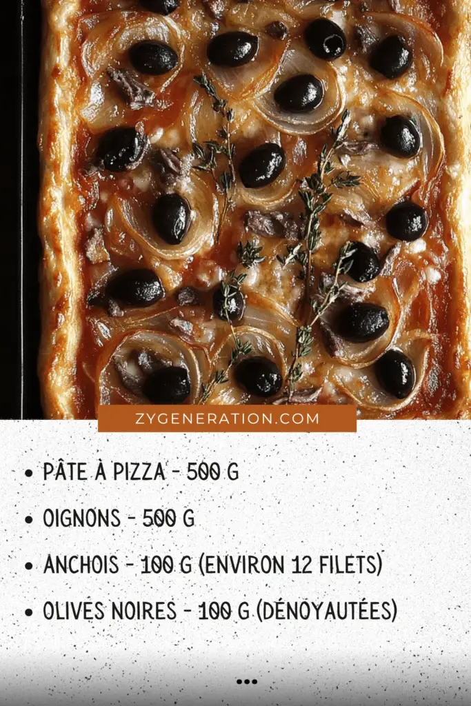 Photo d’une pissaladière dorée et croustillante, garnie d’anchois en croisillons et d’olives noires sur une pâte moelleuse.