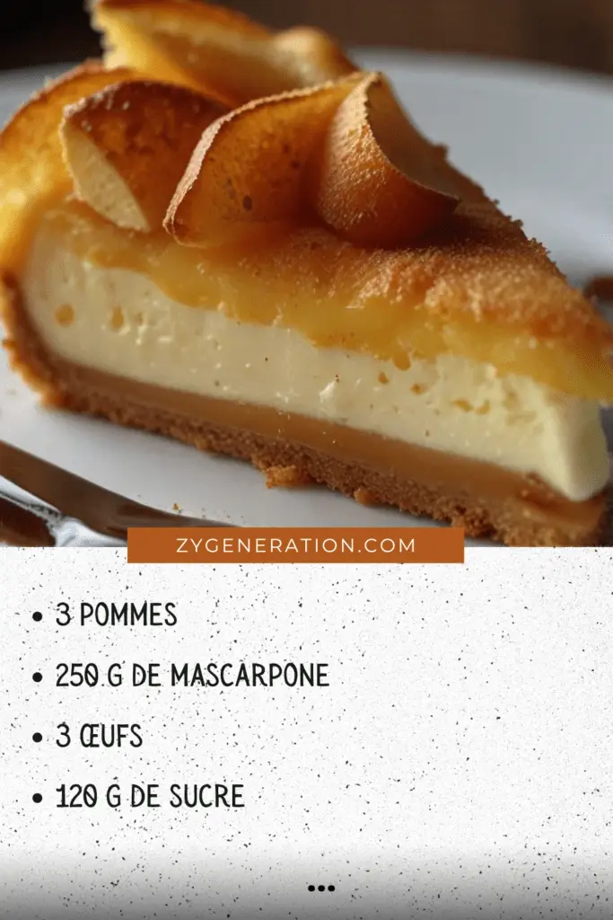 Fondant aux pommes et mascarpone, doré et moelleux, servi avec une touche de sucre glace et une part coupée révélant sa texture fondante.