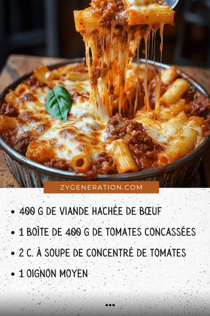 Gratin de pâtes à la bolognaise dans un plat au four, avec une couche dorée de fromage gratiné et des brins de basilic frais.