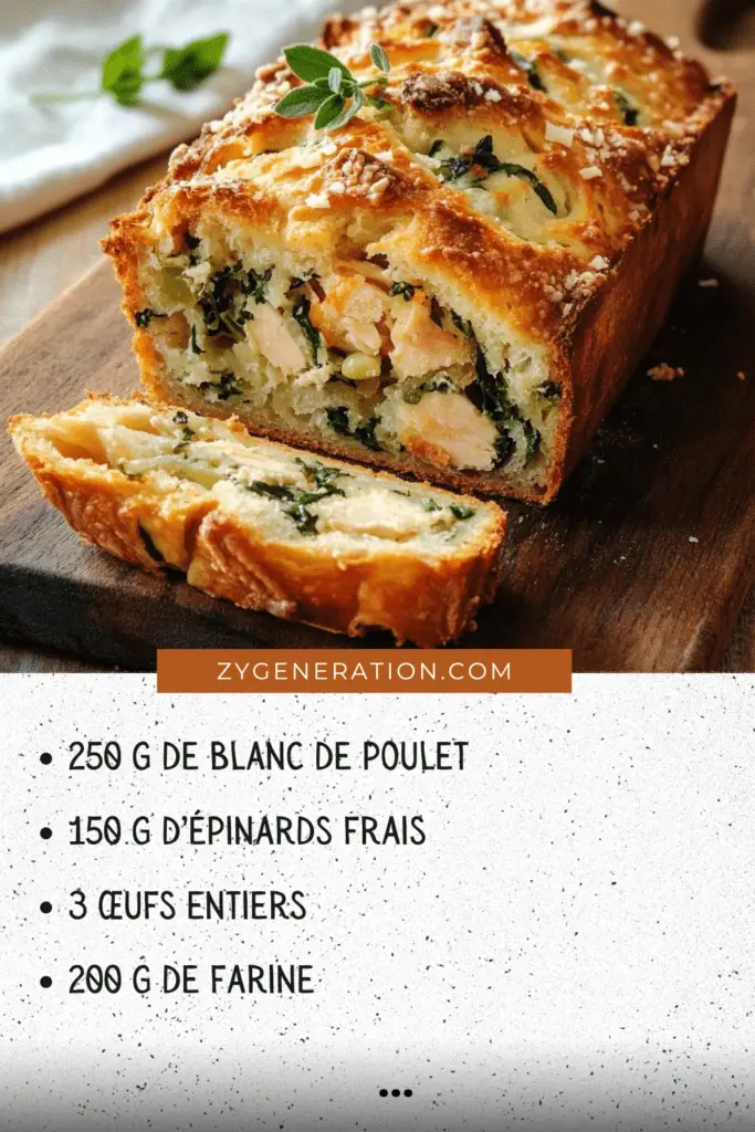 Cake salé au poulet, épinards et parmesan, doré au four, découpé en tranches et servi avec une salade verte.