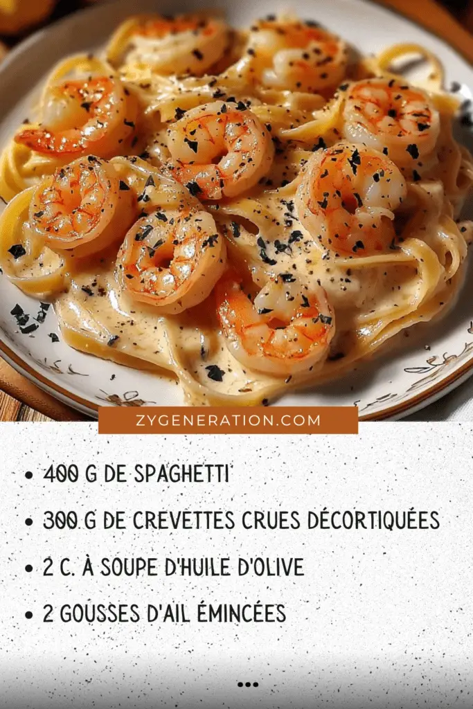 Assiette de spaghetti crémeux aux crevettes, garnie de persil frais et de parmesan râpé, servie avec un filet de jus de citron.