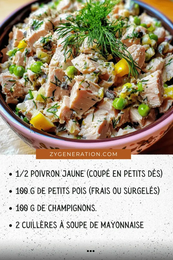 Salade de thon crémeuse et colorée avec petits pois, poivrons, champignons et sauce onctueuse, servie avec du pain grillé.