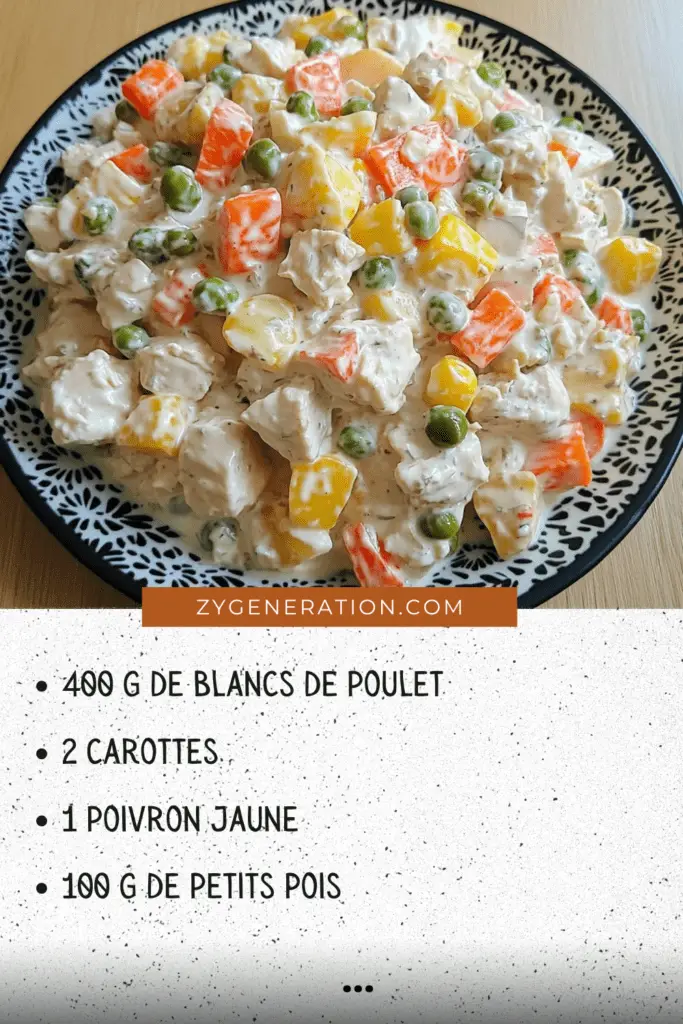 Assiette de poulet crémeux aux légumes colorés, nappé d’une sauce onctueuse, accompagné de riz parfumé.