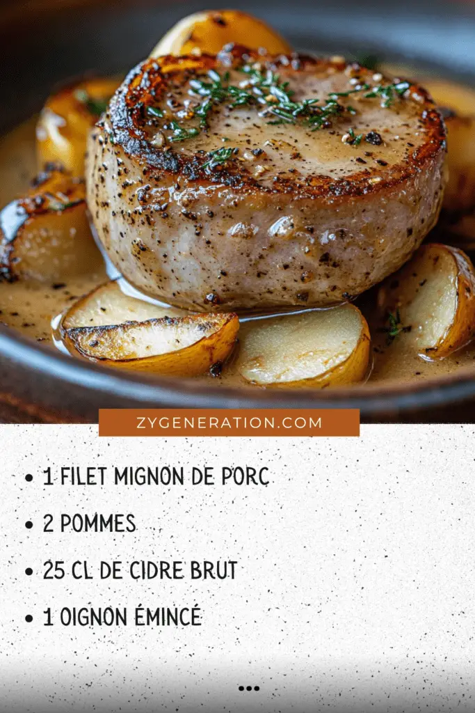 Filet mignon doré accompagné de pommes caramélisées et d'une sauce onctueuse au cidre, servi avec une purée maison.