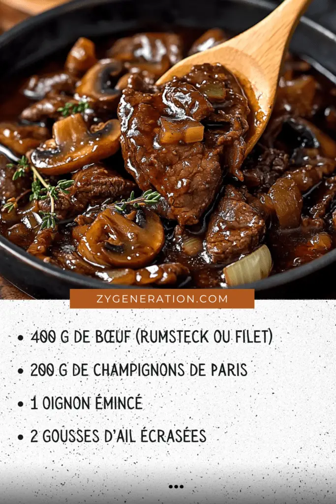 Bœuf Sauté aux Champignons et Vin Rouge - Un plat gourmand et réconfortant aux arômes intenses.