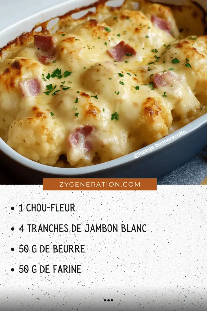 Chou-Fleur Gratiné au Jambon et à la Béchamel Classique - Un plat gratiné doré et fondant à souhait.