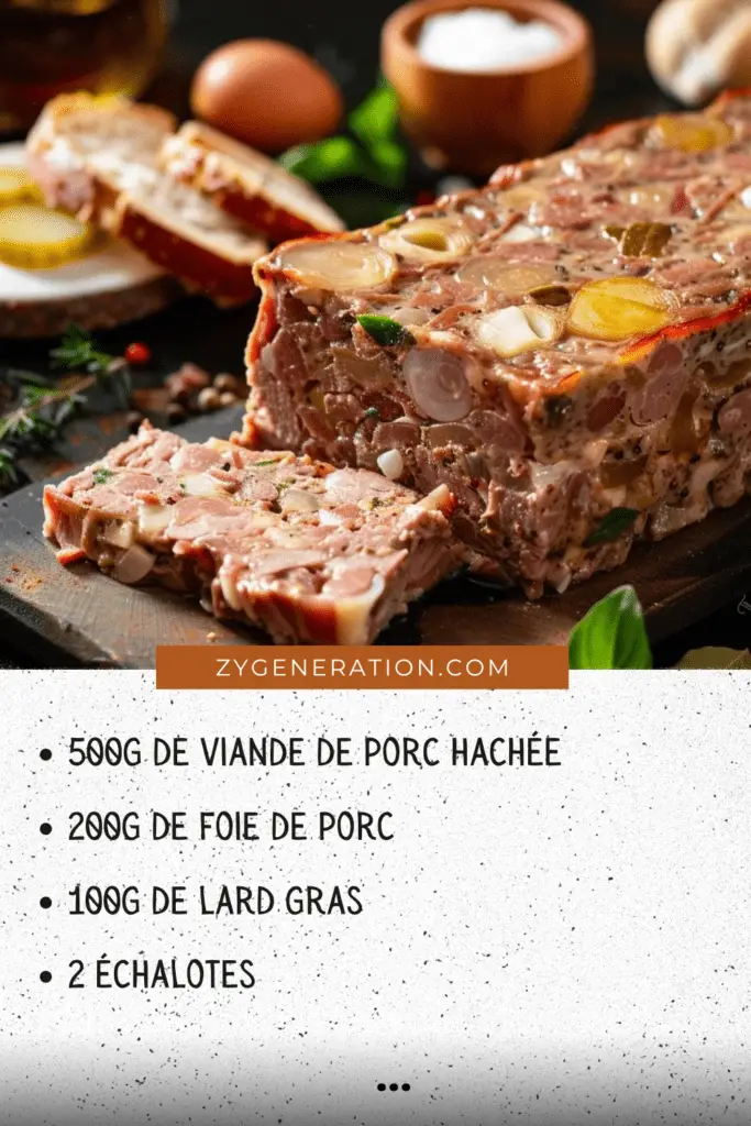 Un délicieux pâté de campagne maison, doré sur le dessus, accompagné de cornichons et de pain de campagne croustillant.