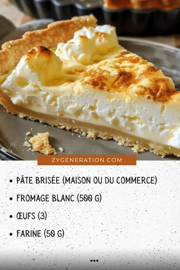 Une tarte alsacienne au fromage blanc dorée et moelleuse, légèrement soufflée, servie avec une touche de sucre glace et des zestes de citron.