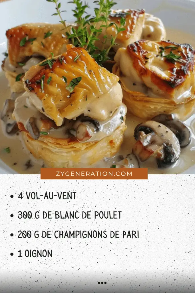 Des vol-au-vent dorés et croustillants garnis d’une sauce onctueuse au poulet et aux champignons, décorés de persil frais.