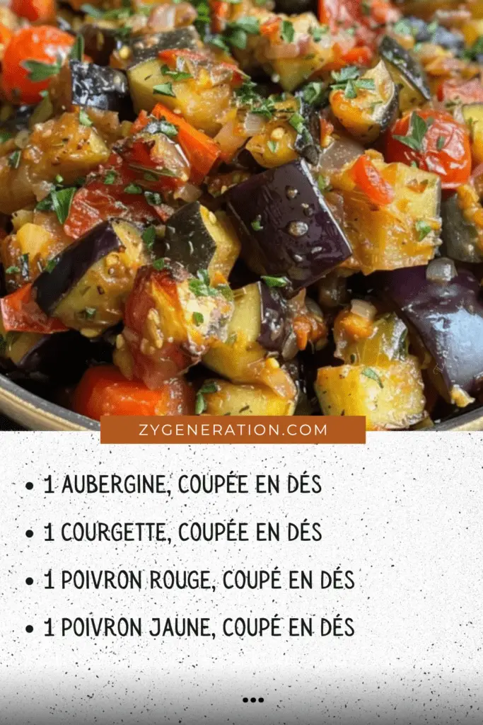 Un plat de ratatouille au four coloré, avec des légumes fondants légèrement dorés, agrémentés de fines herbes fraîches.