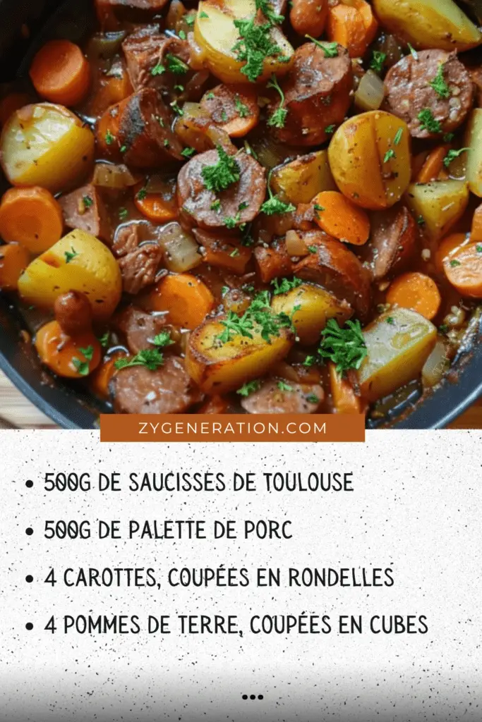 Un plat fumant de potée auvergnate avec des morceaux de porc fondants, des saucisses dorées et des légumes colorés, servi dans une assiette creuse.