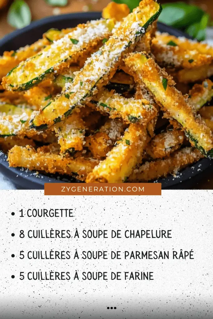 Frites de courgettes au parmesan dorées et croustillantes, servies sur une assiette avec une touche d'herbes de Provence, accompagnées d'une sauce maison pour un apéritif gourmand et léger.