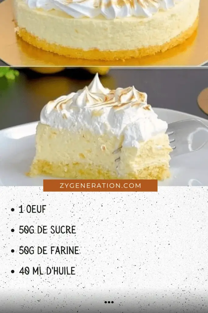 Délicieux gâteau au citron meringué avec une base moelleuse, une mousse citronnée onctueuse et une meringue dorée au chalumeau, servi sur une assiette élégante.