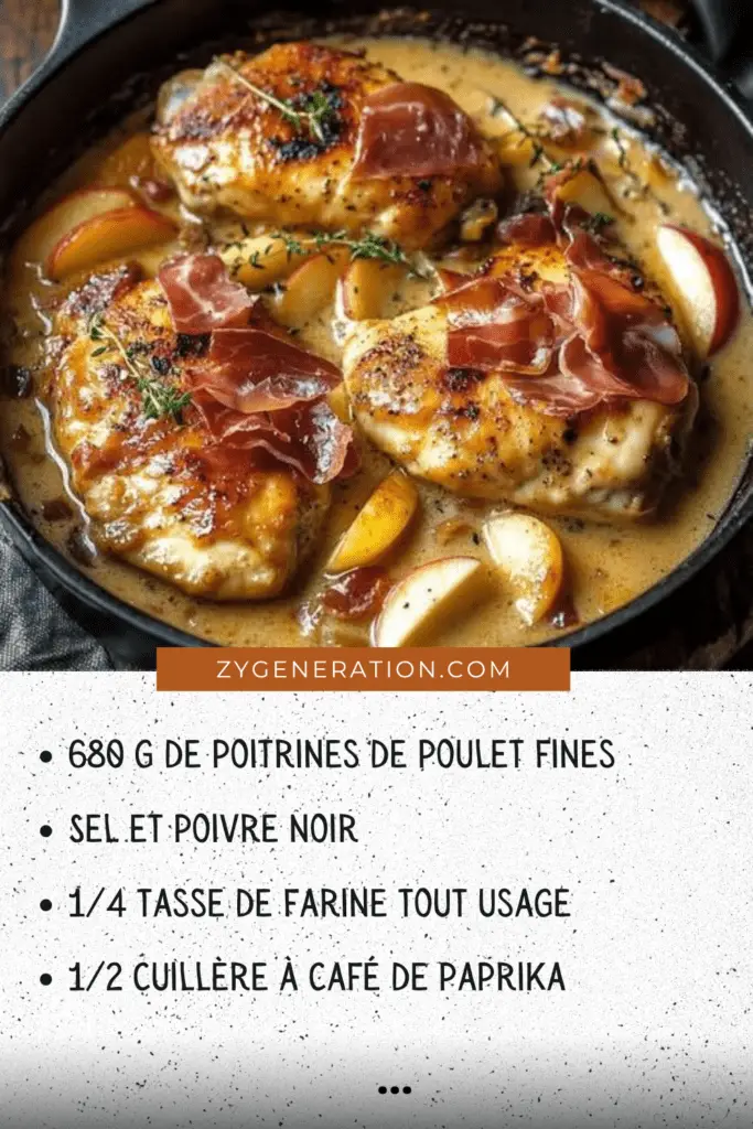 Poulet en sauce au cidre de pomme servi dans une assiette avec pommes et prosciutto croustillant.