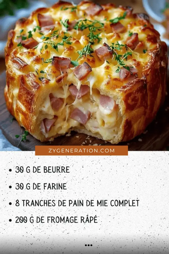 Croque-cake gourmand au jambon et fromage, doré et gratiné, servi en tranches avec une salade verte.