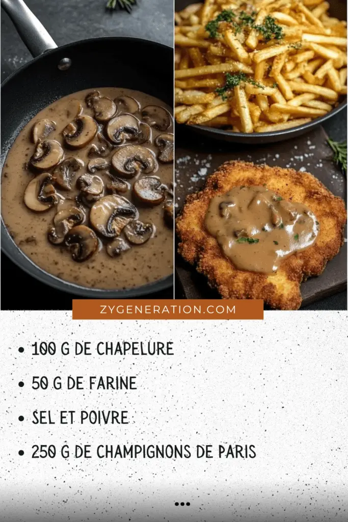 Escalope viennoise dorée servie avec une sauce crémeuse aux champignons et des frites dorées.