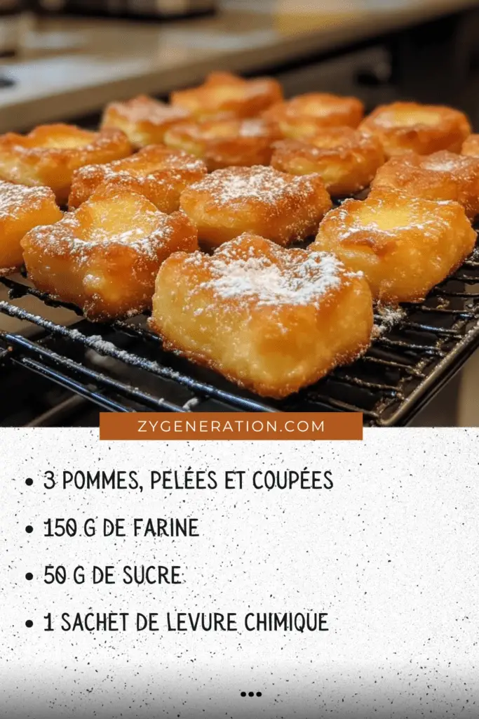 Beignets aux pommes dorés et saupoudrés de sucre glace, servis sur une assiette rustique.