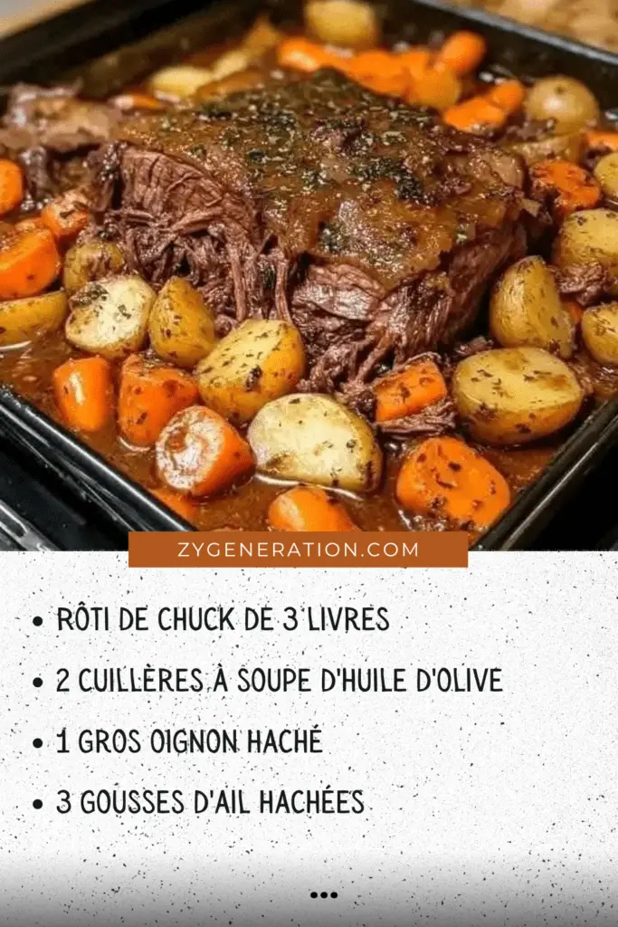 Rôti au pot servi dans une assiette, accompagné de carottes fondantes et de pommes de terre nappées de sauce.