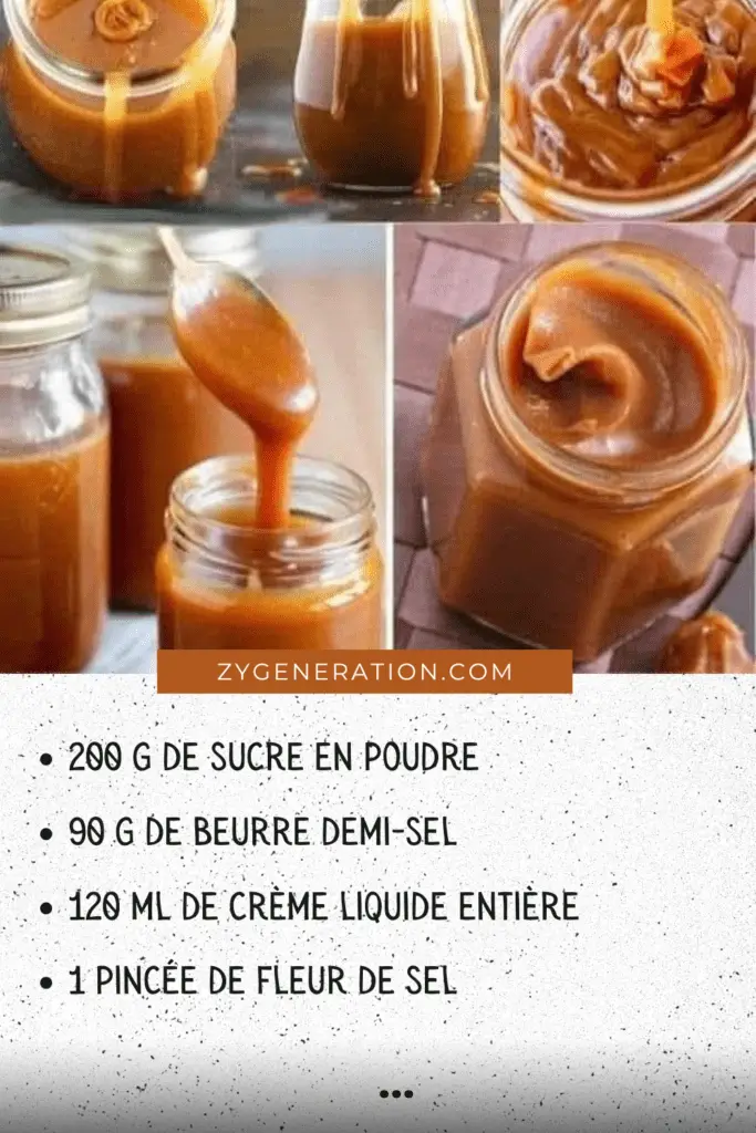 Caramel beurre salé coulant dans un pot en verre, avec une cuillère en bois nappée de caramel.