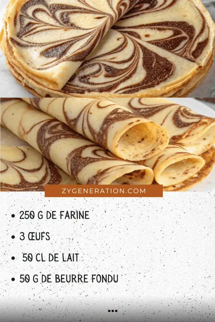 Crêpes marbrées dorées, avec des motifs chocolatés, servies avec du sirop d’érable et des fruits frais.

