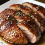 Magret de canard rôti, nappé de sauce au miel et sauce soja, servi avec des légumes rôtis