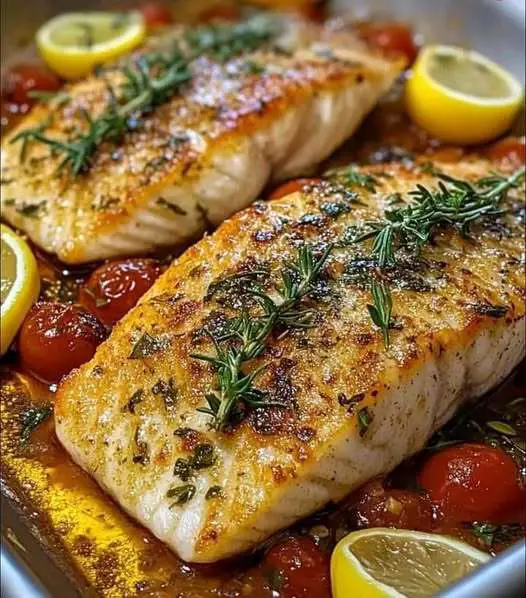 Plat de poisson méditerranéen au four, garni de tomates, d’oignons rouges, de citron et de persil, servi dans un plat en céramique.