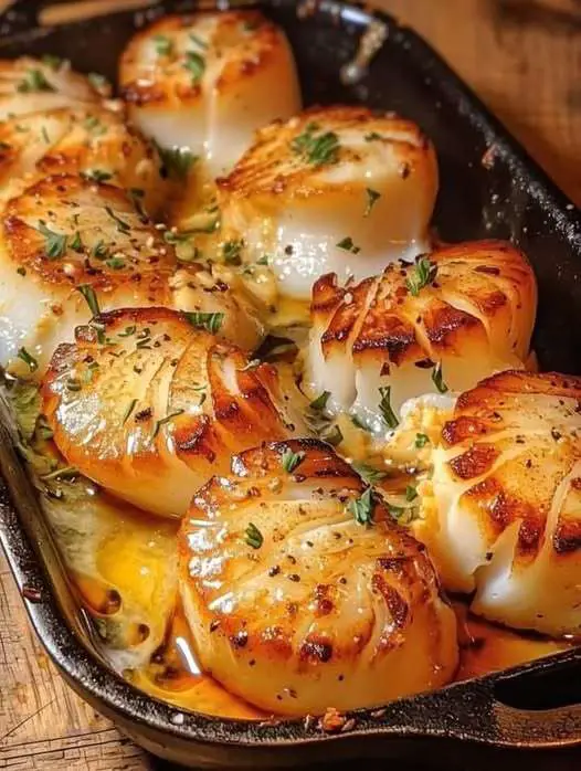 Coquilles Saint-Jacques gratinées, servies avec une chapelure dorée et des quartiers de citron, dans un plat élégant prêt à déguster.