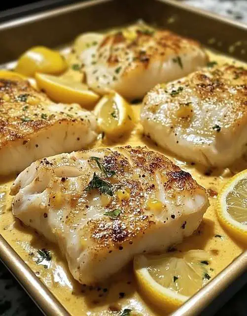 Filets de cabillaud au four nappés de sauce à la moutarde et crème citronnée, garnis de persil