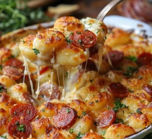 Un délicieux gratin de gnocchis au chorizo avec une croûte dorée et du persil haché en garniture.