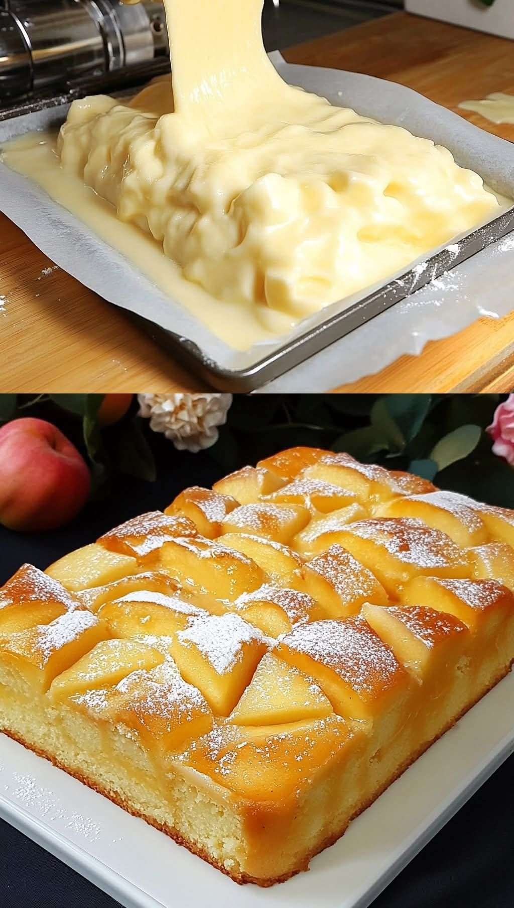 Gâteau aux pommes léger, doré et moelleux, garni de morceaux de pommes fraîches