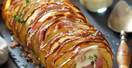 Roulé de pommes de terre doré, garni de jambon et de fromage à raclette fondant