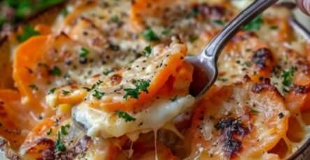 Un gratin de carottes léger et doré, servi chaud avec du persil haché.