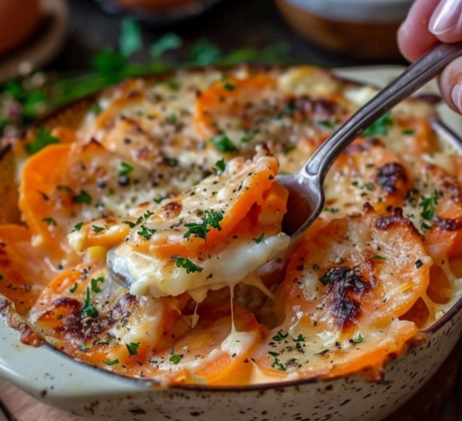 Un gratin de carottes léger et doré, servi chaud avec du persil haché.