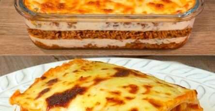 Lasagnes maison dorées et gratinées dans un plat en céramique, prêtes à être servies